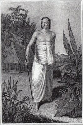 Image of Tongan man holding spear from An Account of the Natives of the Tonga Islands in the South Pacific Ocean