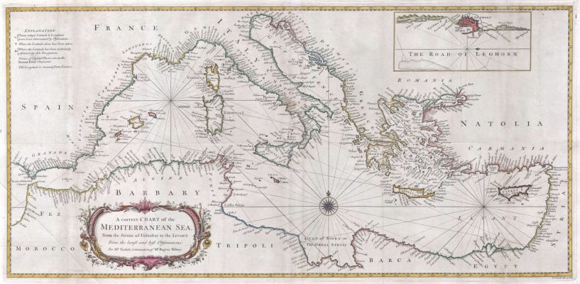 Richard William Seale, A correct Chart of the Mediterranean Sea, from the Straits of Gibraltar to the Levant: From the latest and best Observations: for Mr. Tindal’s Continuation of Mr. Rapin’s History, 1745, ink on paper, 35.56 × 72.39 cm. Richard William Seale, A correct Chart of the Mediterranean Sea, from the Straits of Gibraltar to the Levant: From the latest and best Observations: for Mr. Tindal’s Continuation of Mr. Rapin’s History, 1745, ink on paper, 35.56 × 72.39 cm.