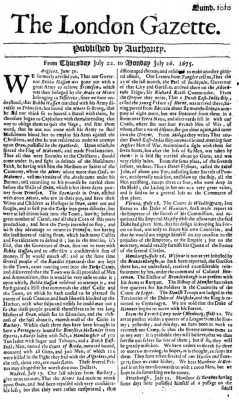 Front-page news from Algiers, based on a letter from consul Samuel Martin. London Gazette 22-26 July 1675 based on Samuel Martin to Joseph Williamson, 30 June 1675, TNA SP 71/2, f. 74. Front-page news from Algiers, based on a letter from consul Samuel Martin. London Gazette 22-26 July 1675 based on Samuel Martin to Joseph Williamson, 30 June 1675, TNA SP 71/2, f. 74.